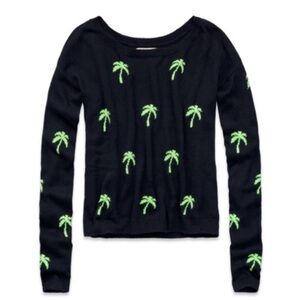 Hollister Black & Green Palm Tree Graphic Print Scoop Neck Sweater Shirt Top XS🌴